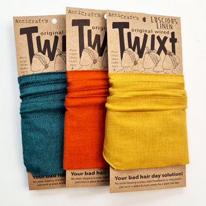 AntiCraft Twixt do rag collection featuring plain solid colours in a range of easy to wear wire head wraps. These fabrics feature the finest cottons and linens. Wired headwear is your bad hair day fix in a hurry!