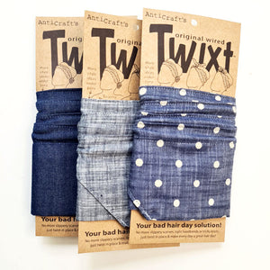 AntiCraft Twixt do rag collection featuring denims and blue jeans in a range of easy to wear wire head wraps. Wired headwear is your bad hair day fix in a hurry!