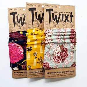 AntiCraft Twixt do rag collection featuring beautiful florals, flowers, botanical designs and plants in a range of easy to wear wire head wraps. Wired headwear is your bad hair day fix in a hurry!
