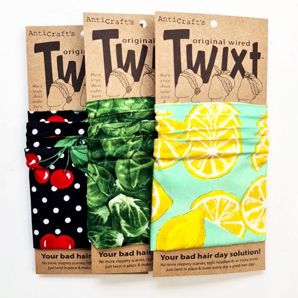 AntiCraft Twixt do rag collection featuring food, fruit and vegetables in a range of easy to wear wire head wraps. Perfect for hospitality workers who need hair coverings for hygiene regulations. Wired headwear is your bad hair day fix in a hurry!