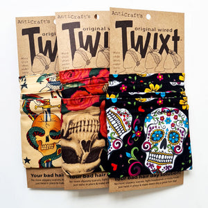 AntiCraft Twixt do rag collection featuring skulls, day of the dead and old school tattoo style prints in a range of easy to wear wire head wraps. Wired headwear is your bad hair day fix in a hurry!