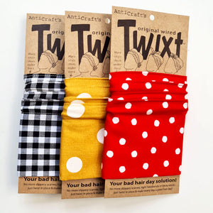 AntiCraft Twixt do rag collection featuring spots, stripes, checks, gingham, and geometric patterns in a range of easy to wear wire head wraps. Wired headwear is your bad hair day fix in a hurry!