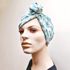 Boho Floral Blue on White - ReMixt / Wired Turban / Full Head Covering