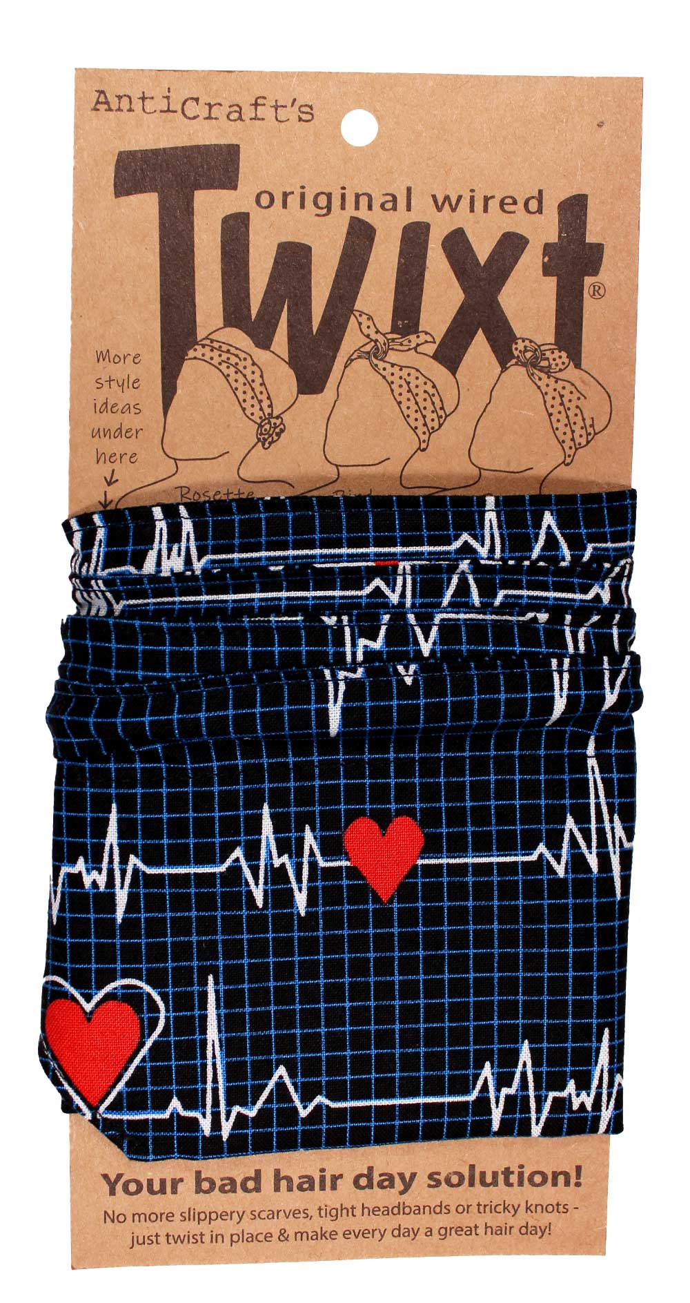 ECG Hearts on Black - Twixt / Wired Head Wrap